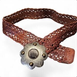Vintage Moroccan Whiskey-Brown Leather Hand Braided Belt Scalloped Floral Buckle